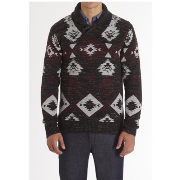 Mens TRASH NOUVEAU Aztec Tribal Black Gray Burgundy Toggle Shawl Neck Sweater M - Picture 2 of 16